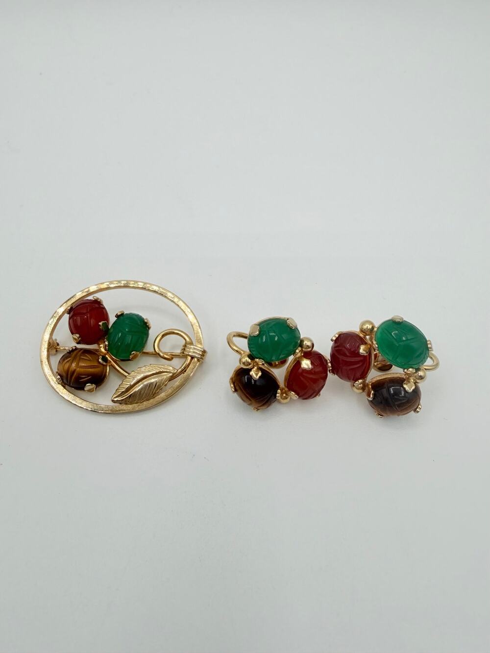 Vintage Burt Cassell 12K Gold-Filled Scarab Brooch & Earrings Set